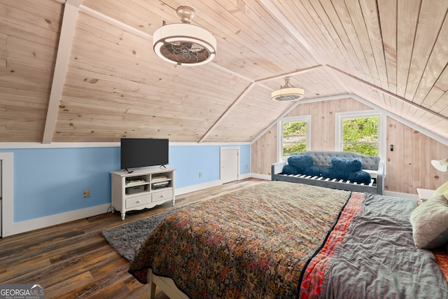 bedroom with vaulted ceiling, wooden walls, wood-type flooring, and wooden ceiling