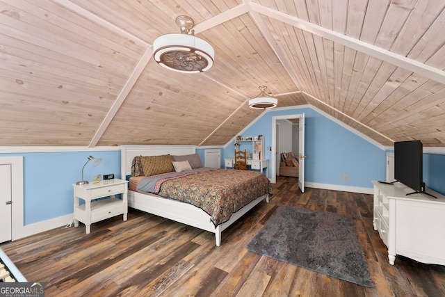 bedroom featuring wooden ceiling, hardwood / wood-style flooring, and lofted ceiling