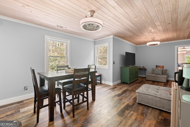 dining room with wooden ceiling, dark hardwood / wood-style floors, and crown molding