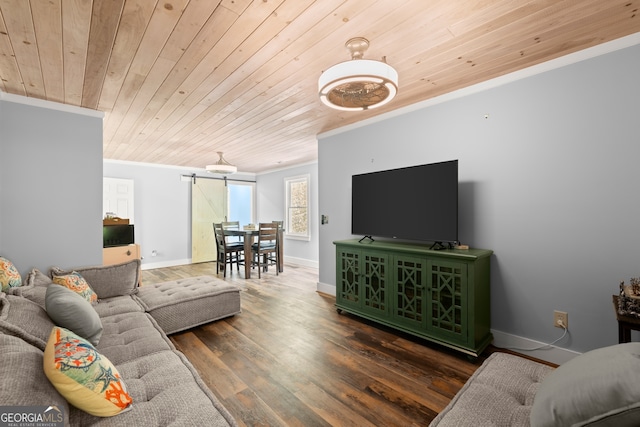 living room featuring wooden ceiling, hardwood / wood-style flooring, and crown molding