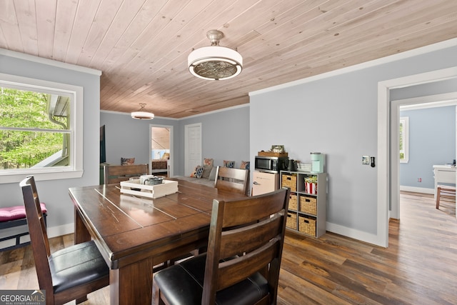 dining space with dark wood-type flooring, ornamental molding, and wood ceiling