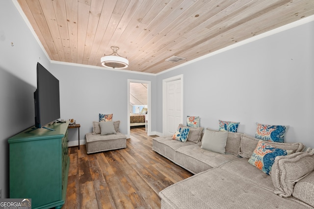 living room featuring wooden ceiling, ornamental molding, and wood-type flooring