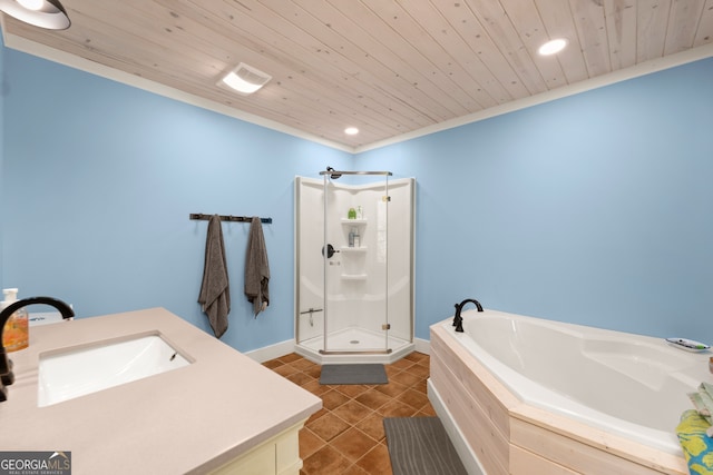 bathroom with wooden ceiling, tile flooring, vanity, and plus walk in shower