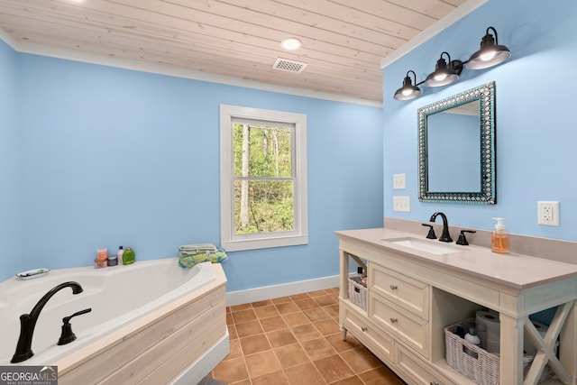 bathroom featuring a bath to relax in, wooden ceiling, vanity, and tile floors