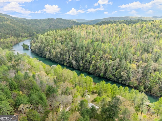 drone / aerial view with a water and mountain view