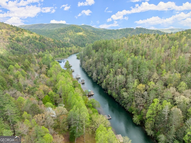 aerial view featuring a water and mountain view