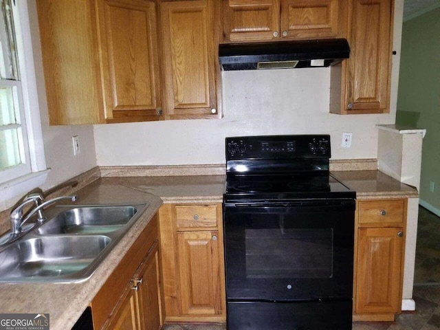 kitchen with black electric range, sink, and range hood