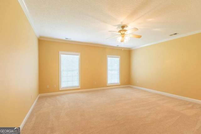 spare room featuring a textured ceiling, carpet, ceiling fan, and crown molding