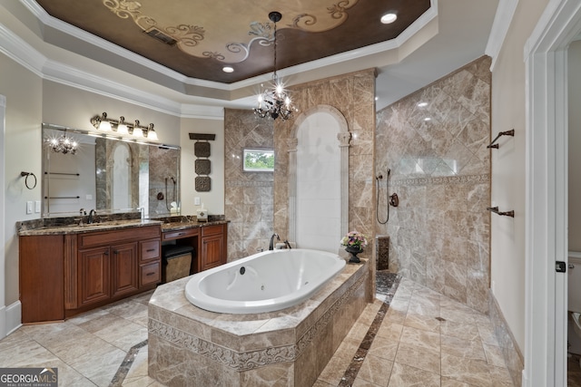 bathroom with tile flooring, ornamental molding, a tray ceiling, and large vanity