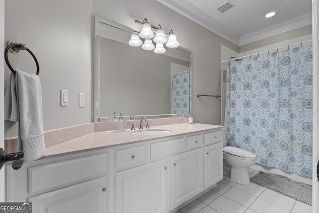 bathroom featuring crown molding, tile flooring, vanity, and toilet