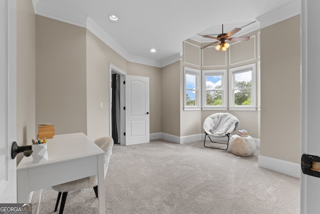 living area featuring light colored carpet, ornamental molding, and ceiling fan