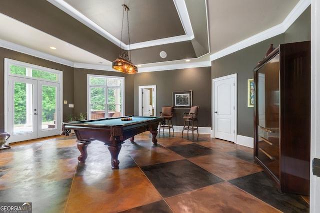 recreation room with french doors, tile flooring, billiards, and a raised ceiling