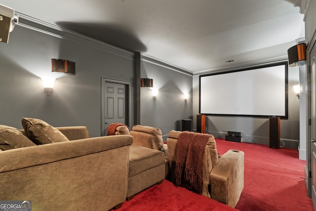 home theater featuring carpet floors and crown molding