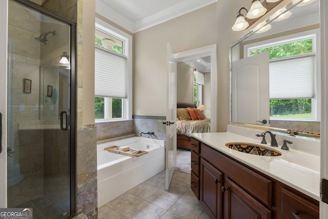 bathroom with tile flooring, independent shower and bath, ornamental molding, and vanity