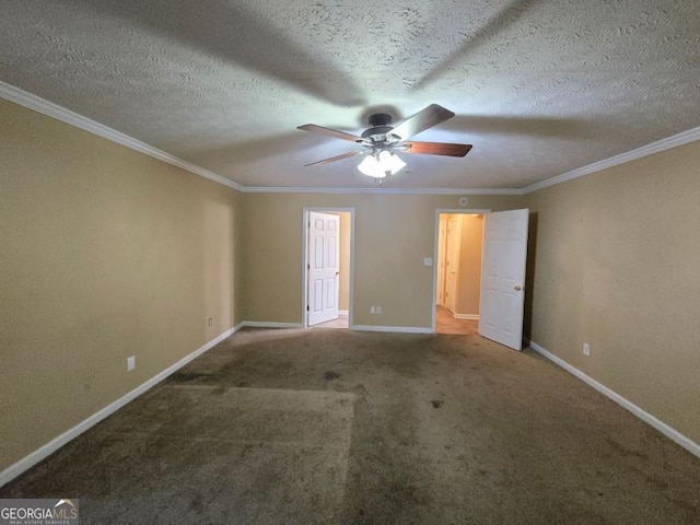 unfurnished bedroom featuring ceiling fan, crown molding, a textured ceiling, and carpet