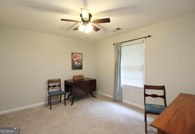 office area featuring ceiling fan, a textured ceiling, and carpet flooring