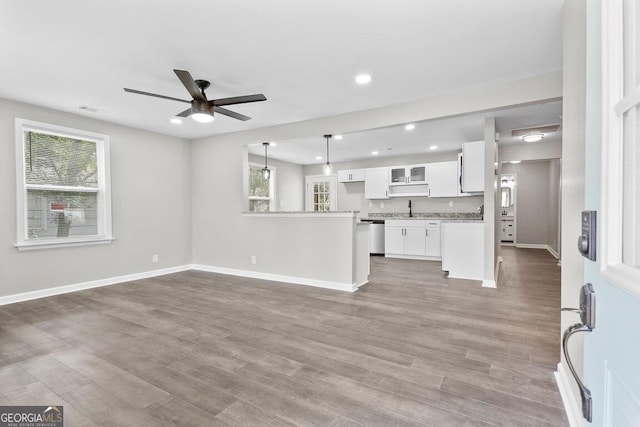 kitchen featuring decorative light fixtures, ceiling fan, hardwood / wood-style floors, white cabinets, and sink