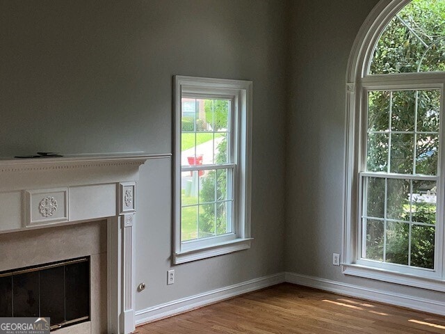 unfurnished living room featuring a healthy amount of sunlight, hardwood / wood-style floors, and a premium fireplace