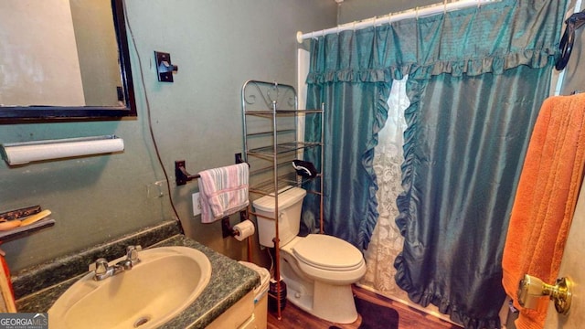 bathroom with wood-type flooring, toilet, and large vanity