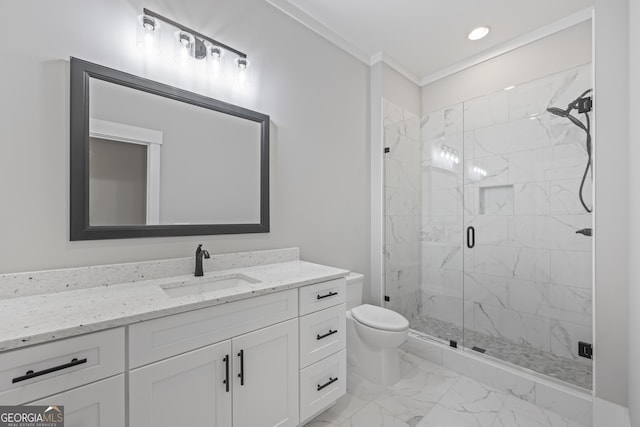 bathroom with walk in shower, tile patterned flooring, toilet, vanity, and ornamental molding