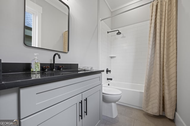 full bathroom with crown molding, toilet, vanity, shower / tub combo with curtain, and tile patterned floors