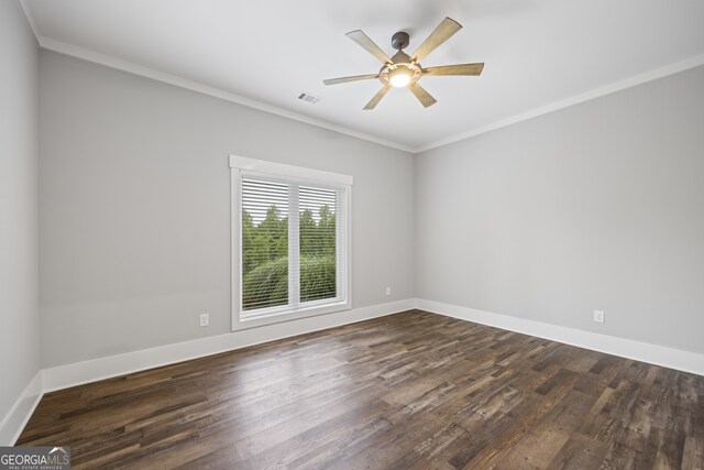 unfurnished room with ceiling fan, hardwood / wood-style floors, and ornamental molding