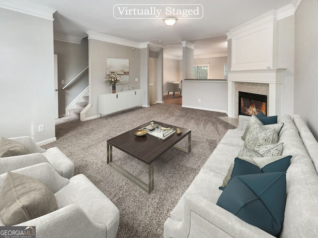 carpeted living room with crown molding and a fireplace