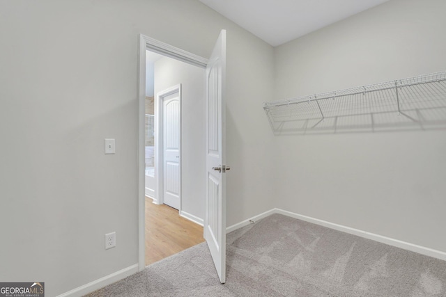 walk in closet with light carpet