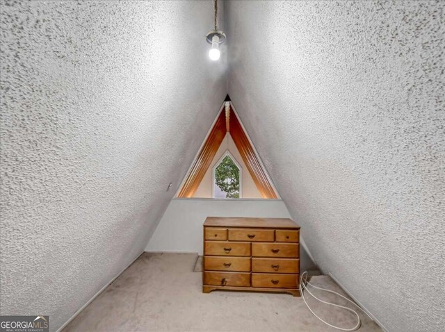 interior space with carpet flooring, a textured ceiling, and lofted ceiling