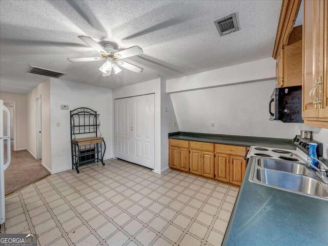 kitchen featuring ceiling fan, white appliances, light carpet, a textured ceiling, and sink