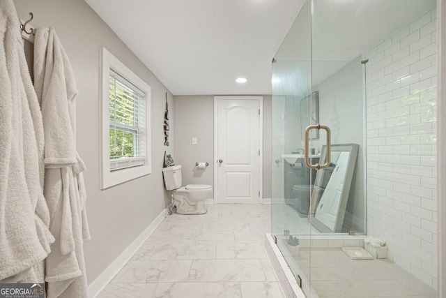 bathroom featuring a stall shower, baseboards, toilet, marble finish floor, and recessed lighting