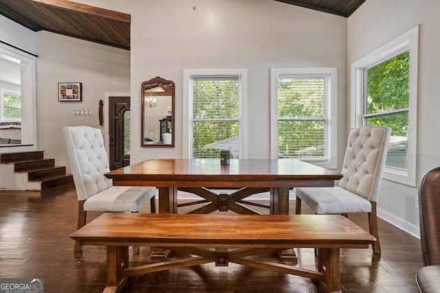 dining area featuring dark wood-style floors, lofted ceiling, and wooden ceiling