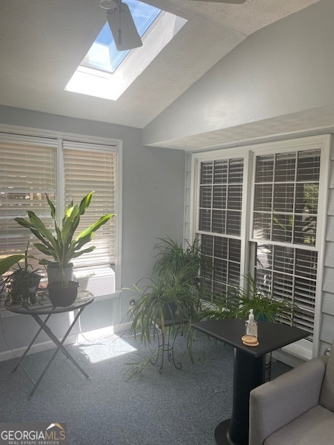 interior space with vaulted ceiling with skylight