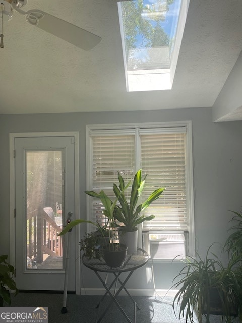 details with carpet floors and a skylight