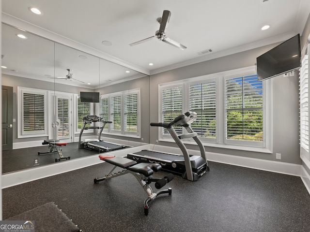 workout area featuring a healthy amount of sunlight, crown molding, and ceiling fan