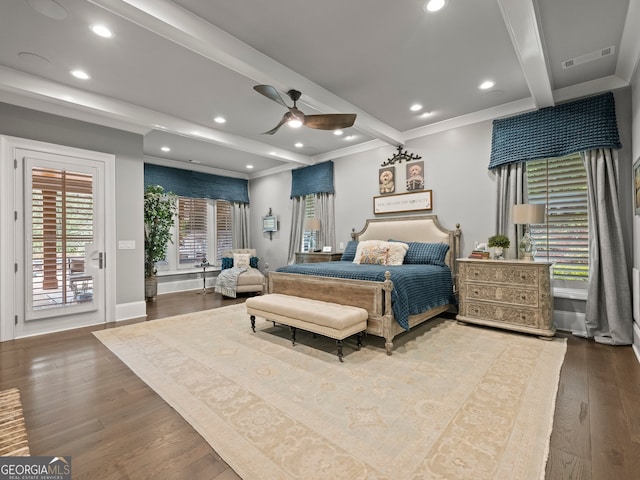 bedroom featuring access to exterior, ceiling fan, hardwood / wood-style flooring, ornamental molding, and beamed ceiling