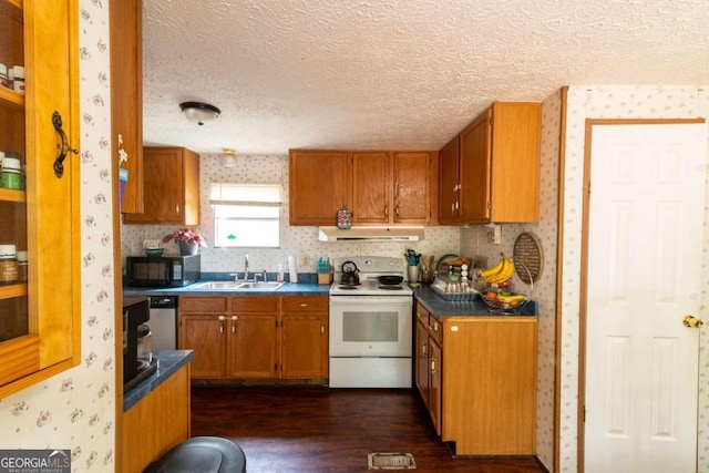 kitchen featuring stainless steel dishwasher, electric stove, dark wood-type flooring, a textured ceiling, and sink