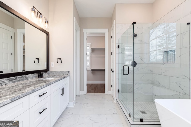 bathroom featuring tile flooring, large vanity, and plus walk in shower