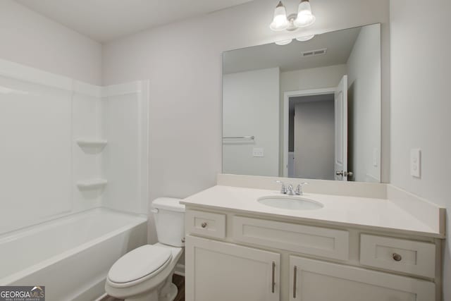 full bathroom featuring shower / bathtub combination, toilet, and vanity