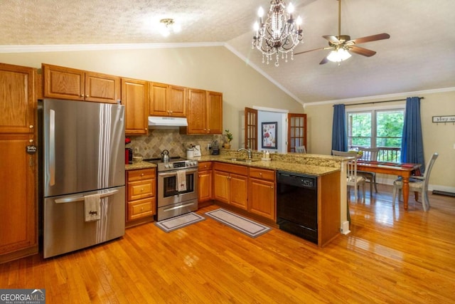 kitchen with kitchen peninsula, sink, appliances with stainless steel finishes, and light hardwood / wood-style flooring