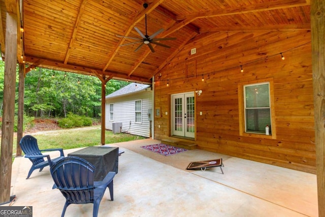 view of patio with french doors, central AC unit, and ceiling fan