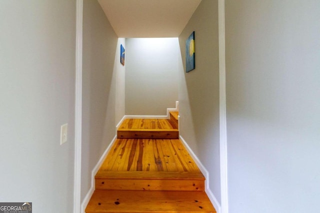 stairs featuring hardwood / wood-style flooring