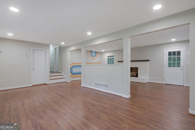 basement featuring dark hardwood / wood-style floors and a fireplace