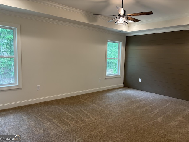 spare room featuring plenty of natural light, carpet flooring, a ceiling fan, and ornamental molding