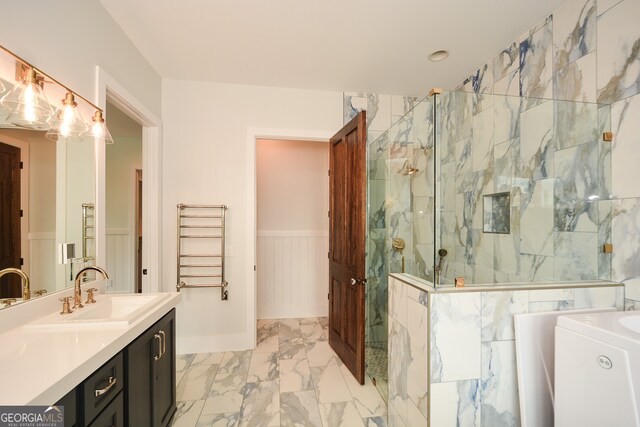 bathroom featuring tile floors, shower with separate bathtub, and oversized vanity