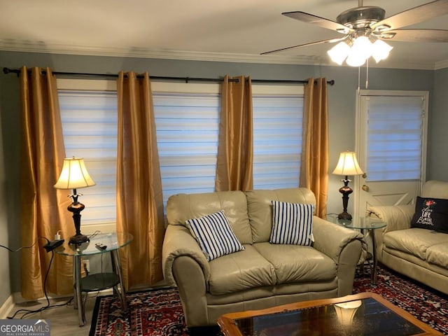 living room with ceiling fan and ornamental molding