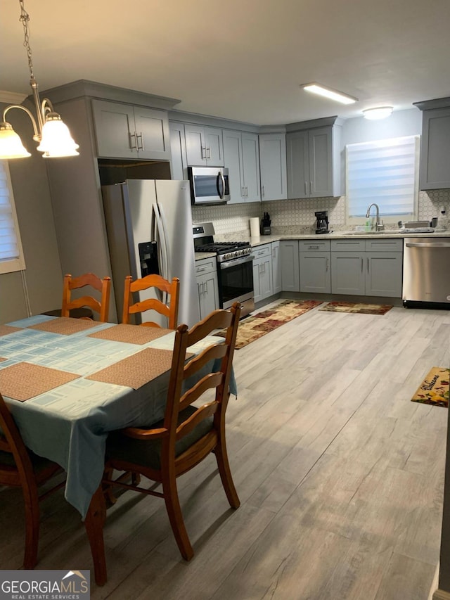 kitchen with decorative backsplash, pendant lighting, stainless steel appliances, and light hardwood / wood-style flooring