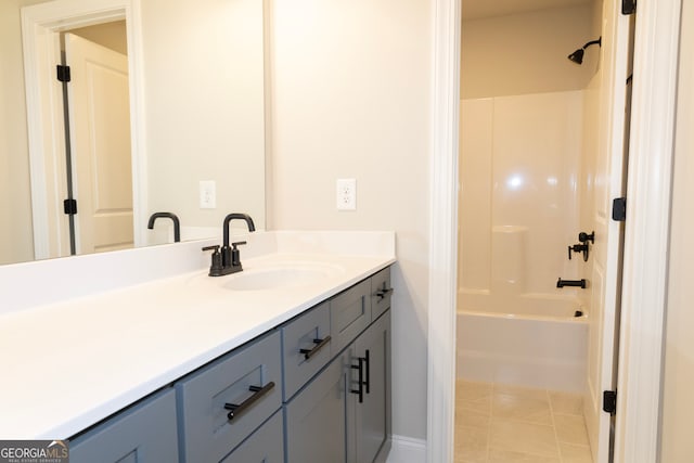 bathroom with tile patterned flooring, shower / bathing tub combination, and vanity