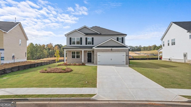 view of front facade featuring a garage and a front lawn