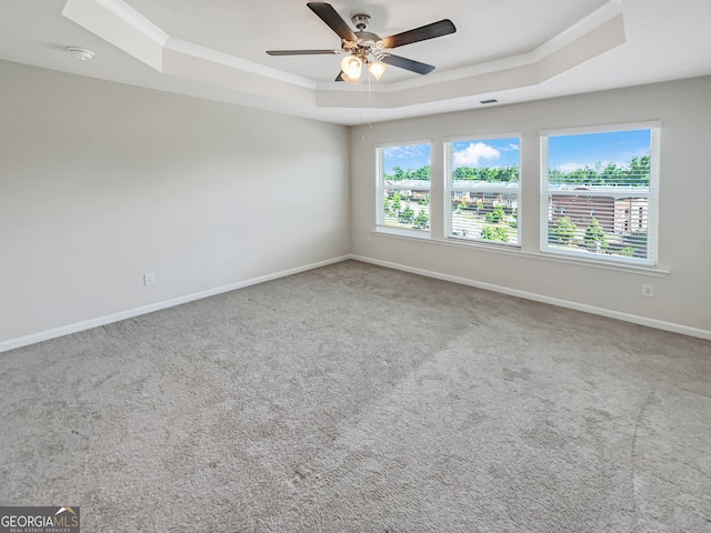 carpeted empty room with a healthy amount of sunlight, ceiling fan, and a raised ceiling